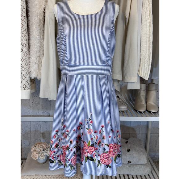 Trixxi Juniors Sz 13 Blue Striped Floral Double Strap Fit & Flare Sun Dress#0126 - Picture 1 of 7